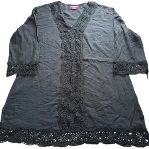 Isaac Mizrahi Black Crochet Lace Trim Tunic Swim Cover Up Top XL Lightweight